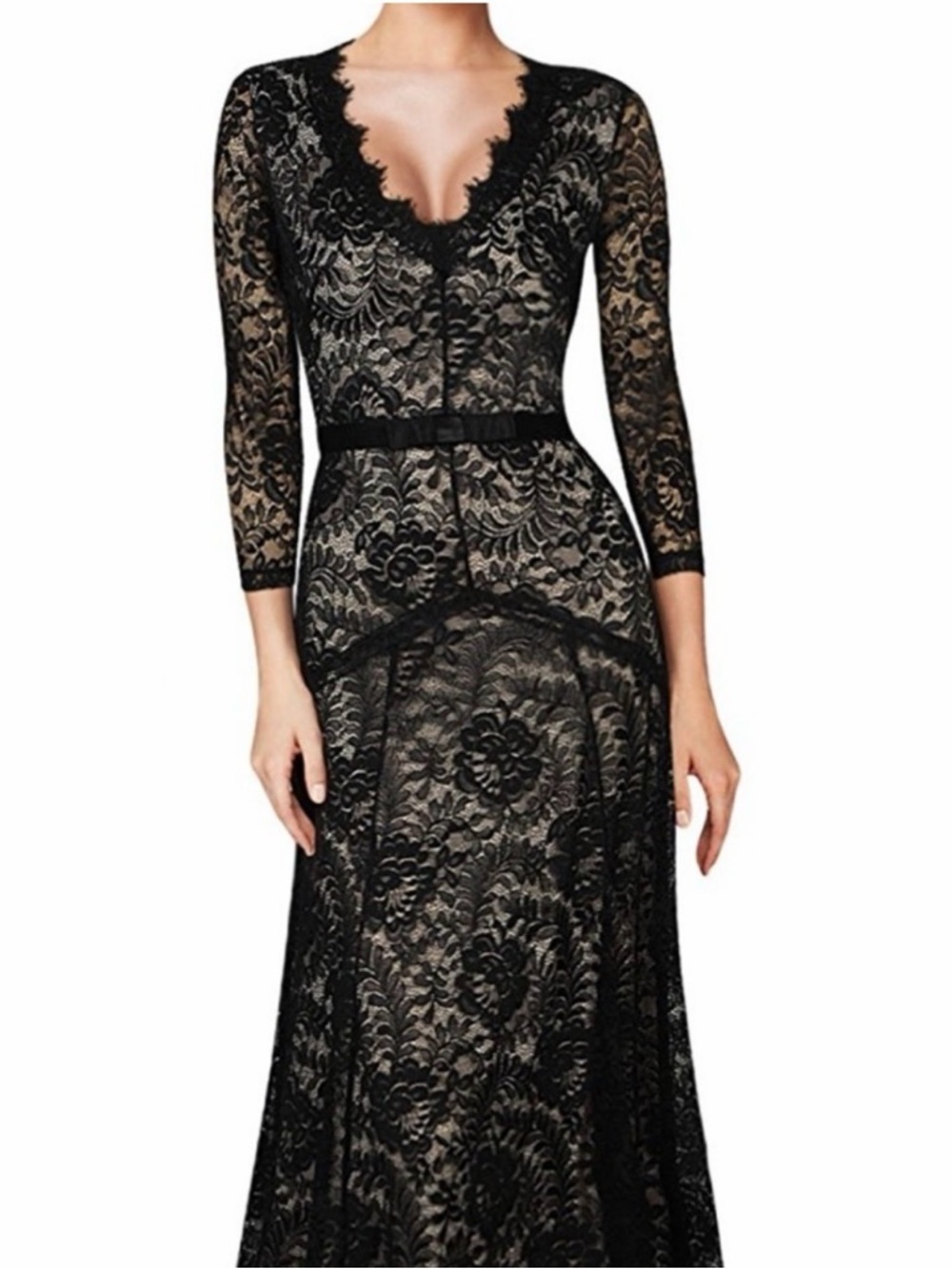 Elegant Black Lace Maxi Dress with Nude Lining